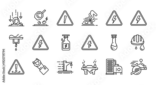 Collection of warning signs and industrial hazard icons in simple line art style.