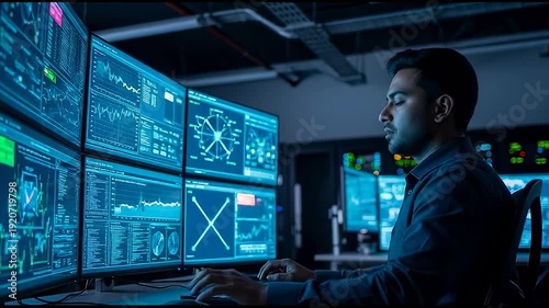 Indian man working on multiple computer screens with data visualizations