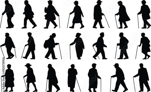 Elderly men and women walking with cane silhouettes collection, senior people isolated black vector illustration set