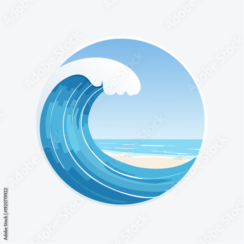 Circular Illustration of a Crashing Ocean Wave on a Beach
