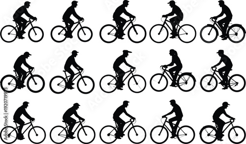 Cyclist riding bicycle silhouette set, road and mountain bike riders black isolated vector illustration collection
