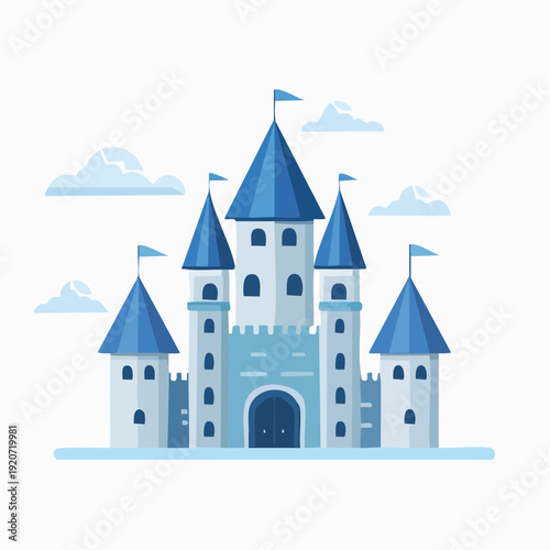 Charming Fairytale Castle Illustration with Blue Turrets and Flags Amidst Fluffy Clouds