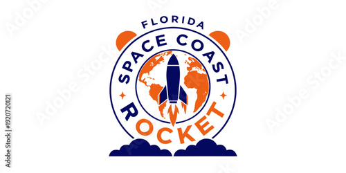 USA, US, U.S, United States - Florida Space Coast Rocket Logo with Launching Rocket, Planet Icons, Circular Emblem, and Bold Blue Orange Aerospace Design
