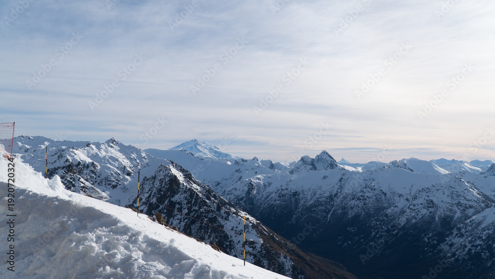 Fototapeta premium Mountain Ski Resort Bariloche Patagonia Winter Snow Snowboarding Cerro Catedral Ski Sports Cold Landscape Sunset Scenic View Argentina South America Travel Destination Adventure