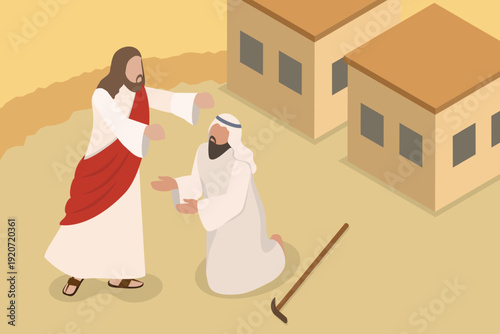 3D Isometric Flat Vector Illustration of Jesus Healing A Blind Person, Inspired By The Bible