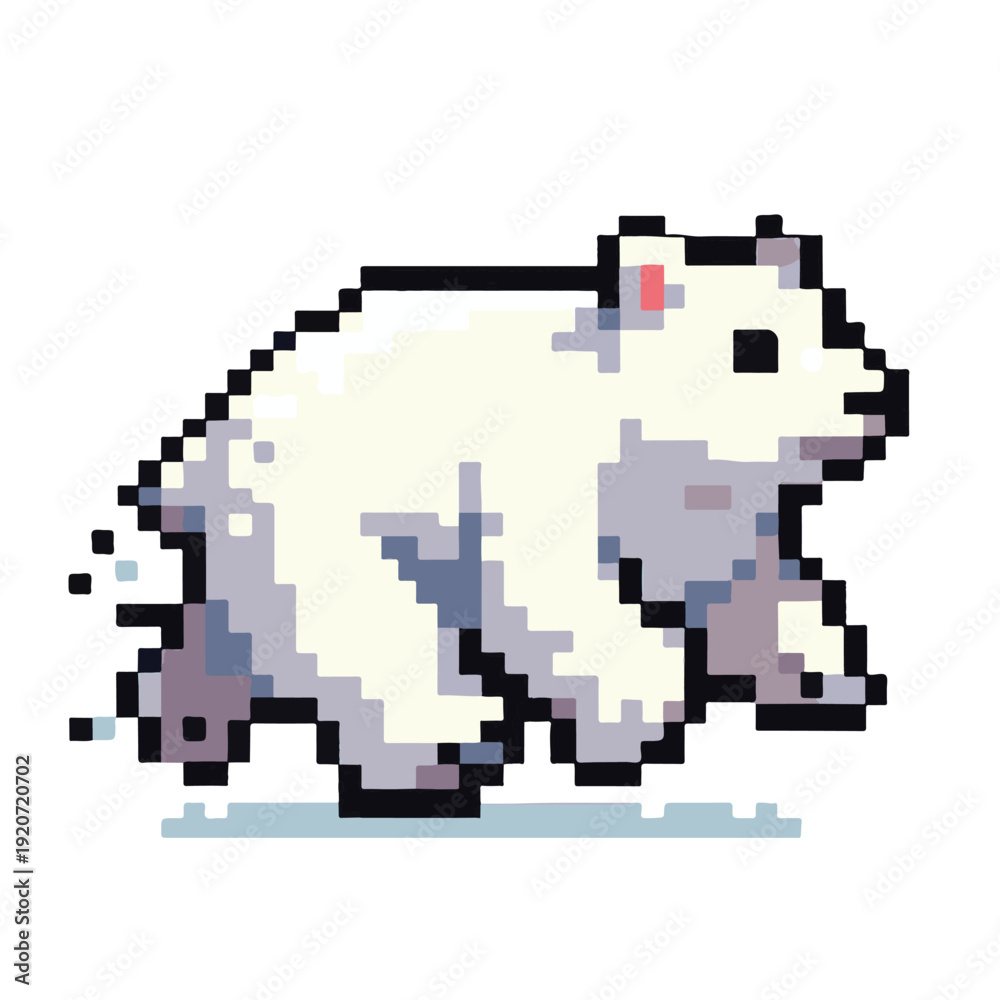 Obraz premium Charming pixel art polar bear icon, captured mid-stride, showcasing a cute and minimalist digital design perfect for game assets, applications, or modern wildlife-themed projects