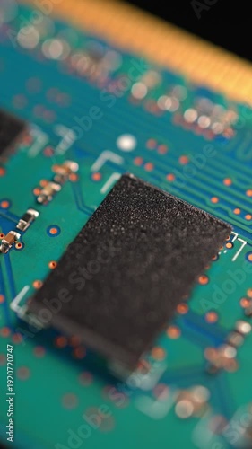 RAM memory stick module macro view, computer hardware. RAM shortage and prices increase due AI boom high demand concept. AI data center manufacturing is consuming immense amounts of memory. Vertical.