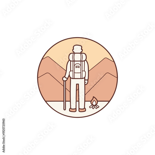 Hiker standing in front of mountains with backpack and trekking pole outdoors