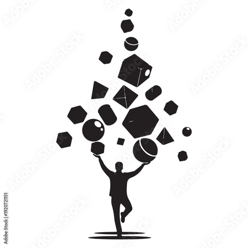 Minimalist Black Silhouette Balancing Geometric Shapes on White Background