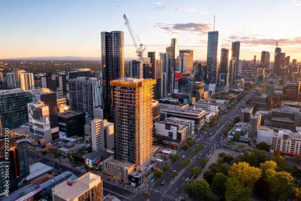 Obraz premium Aerial View of Rapidly Developing Urban Area with Skyscrapers and Crane