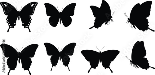 Butterfly silhouette collection featuring various species with open and closed wings for spring nature conservation garden design and delicate insect character vector set
