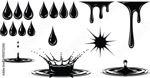 Collection of black ink liquid drips splashes and water impact icons