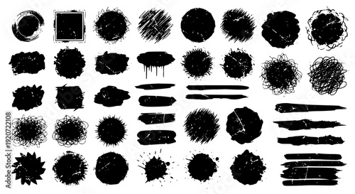 Black vector rough edge rectangles. Grunge square frames set. Jagged edge torn paper background collection. Paint brush strokes. Grungy distressed text boxes. Transparent background SVG version.