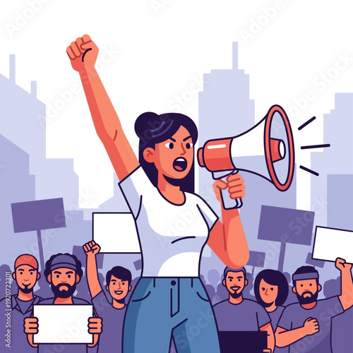 Woman Protesting with Megaphone in City.