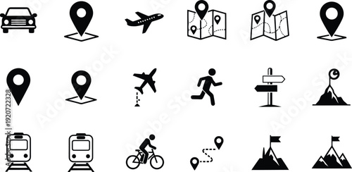 Collection of travel navigation and location mapping icons for transportation directions