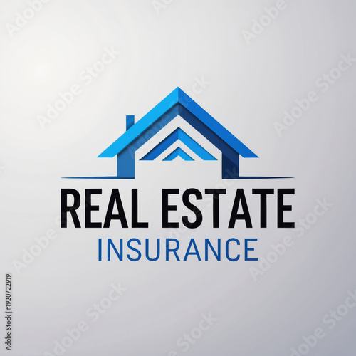 Blue layered house icon sits above Real Estate Insurance text. Modern geometric design symbolizes property protection and financial security.