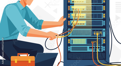 Technician managing cables in a server room with a laptop.