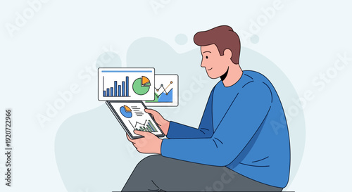 Man analyzing business data on a digital tablet with charts and graphs.