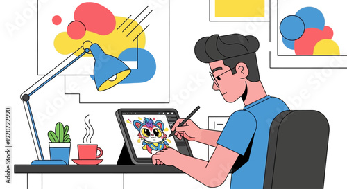 Man drawing colorful digital art on a tablet