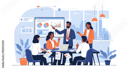 Diverse business team engaged in a productive meeting with data presentation.