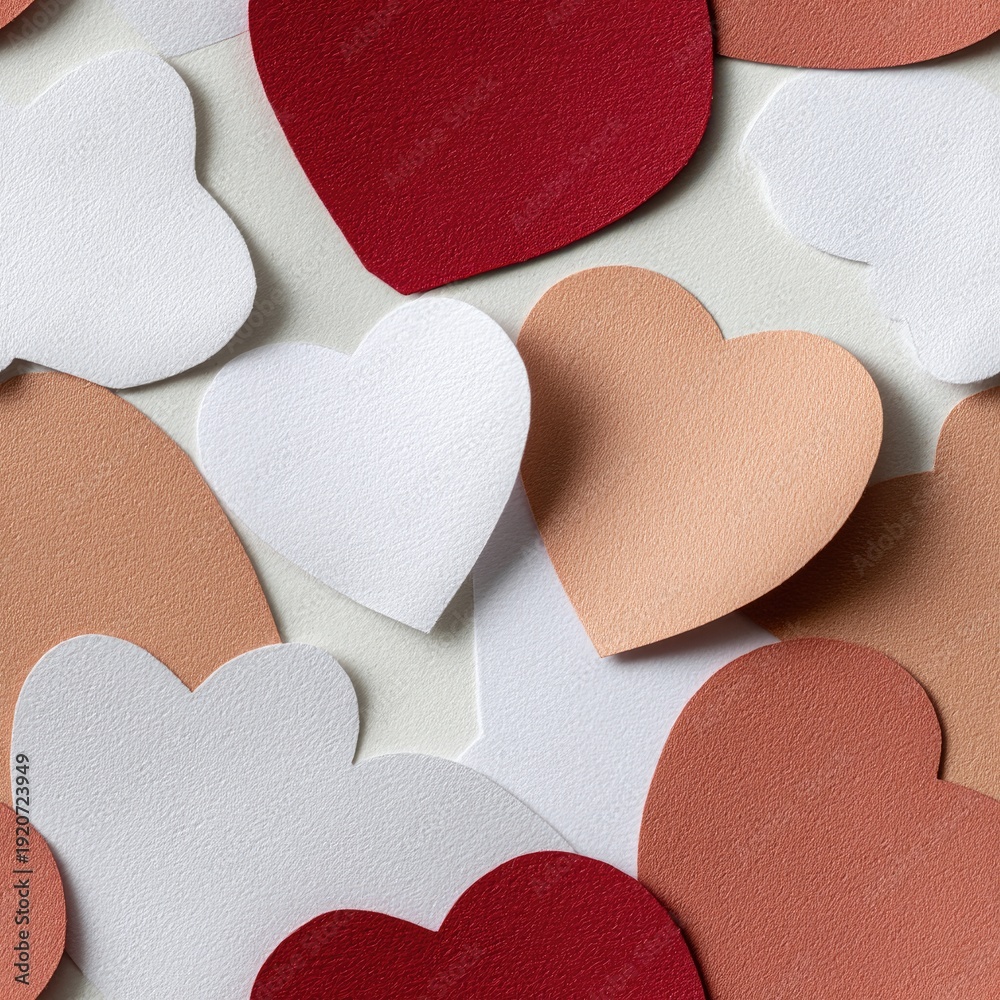 Obraz premium Small paper hearts in shades of red and white arranged on a pastel pink background create a festive atmosphere for Valentine's Day SEAMLESS PATTERN