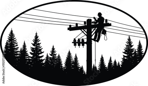 Lineman Repairing Power Lines Silhouette Vector, Electric Utility Worker on Telephone Pole in Forest Landscape, High Voltage Maintenance Illustration