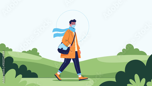 Young man wearing a face mask and a warm coat walking through a green park landscape during winter or autumn season.