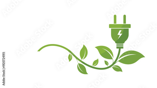 Green electric plug with a lightning bolt symbol growing from a plant vine with leaves for renewable energy and eco friendly concept.