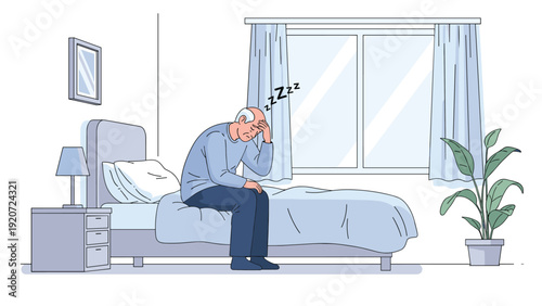 Tired elderly man sitting on the edge of his bed in a modern bedroom with a window and plant for senior health theme.