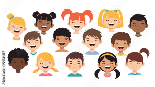Diverse collection of smiling happy children faces representing different ethnicities and hairstyles in a friendly cartoon character set.