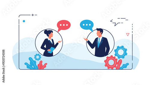 Professional businessman and businesswoman engaging in a formal discussion with speech bubbles and gear elements in a minimalist layout.