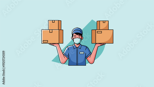 Professional delivery man wearing a blue uniform and face mask holding several brown cardboard boxes for safe parcel shipping.