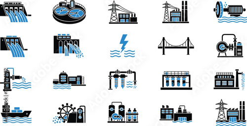 Water Treatment and Power Plant Infrastructure Icon Set, Dam, Filtration System, Hydropower Station, Industrial Utilities Vector Collection