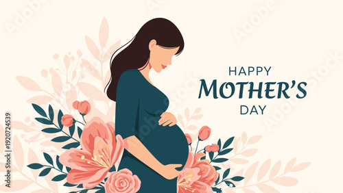 Elegant silhouette of a pregnant woman surrounded by beautiful pink flowers with text celebrating a happy mother's day.