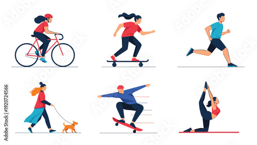Set of diverse people engaging in various physical activities including cycling skateboarding running walking the dog and yoga.