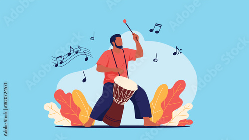 Talented musician playing a traditional african djembe drum surrounded by musical notes and vibrant tropical leaves.