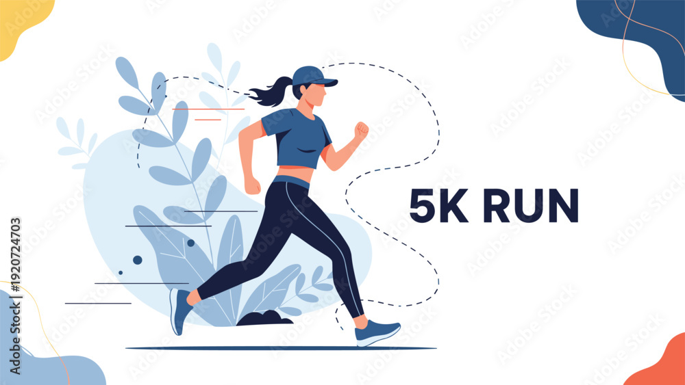Fototapeta premium Determined young woman athlete jogging outdoors for a 5K run with abstract plants and dynamic speed lines in the background.