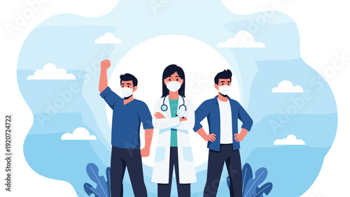 Brave medical team consisting of three doctors wearing masks and scrubs standing together for public health awareness and safety.