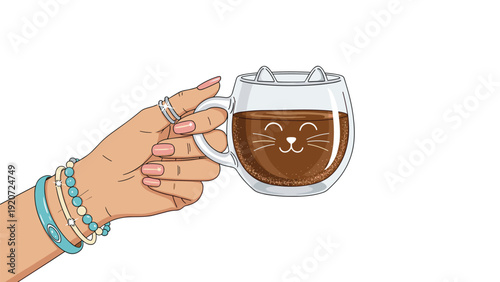 Female hand with jewelry and manicured nails holding a cute cat shaped glass mug filled with coffee against white background.