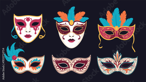 Collection of ornate carnival and masquerade masks with feathers and intricate patterns on dark background for festive celebration events.