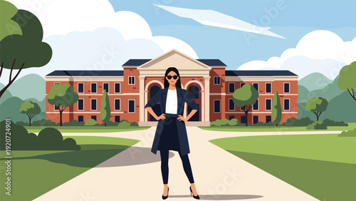 Confident young woman in a coat and sunglasses standing on a path leading to a grand university or government building.