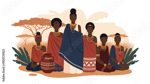 Group of people from an African tribe in traditional red and blue clothing and jewelry standing in a savanna landscape with trees.