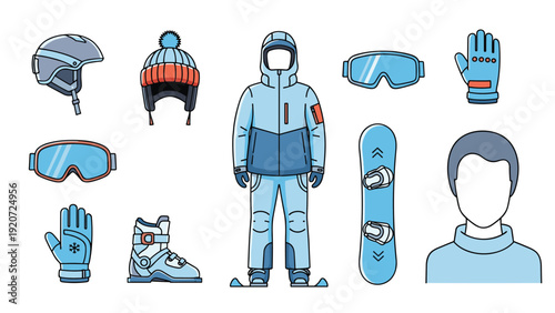 Comprehensive collection of winter sports gear including a snowboard, ski suit, helmet, goggles, gloves, and boots for skiing theme.