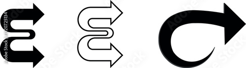 Arrow outline icon set with curved and zigzag black shapes vector illustration isolated on transparent background