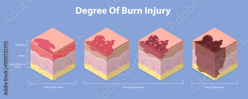3D Isometric Flat Vector Illustration of Skin Burn Degree, Stages In Epidermis And Dermis Layers