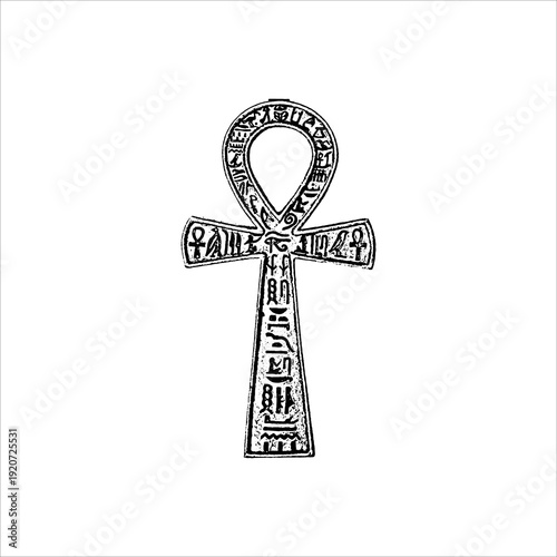 Antique Egyptian Ankh symbol with hieroglyphs in vintage etched style