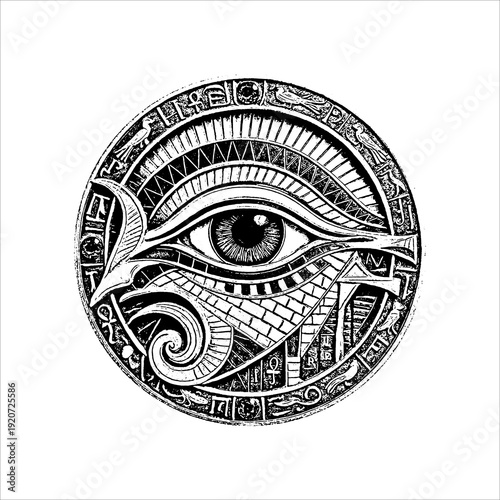 Egyptian Eye of Horus symbol with hieroglyphs in vintage etched style