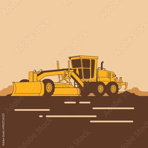 Heavy Yellow Grader Machine Working On Unfinished Ground Surface For Construction