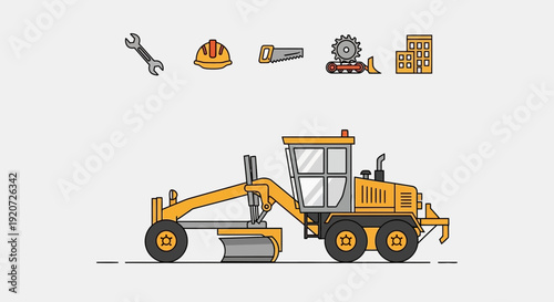 Heavy Yellow Grader Machinery With Construction Icons In Flat Design Style