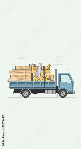 Illustration Of A Flatbed Truck Carrying Construction Lumber And Tools